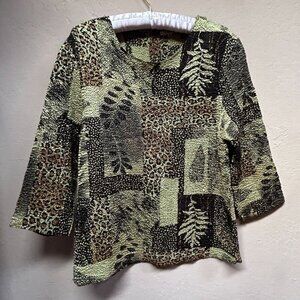Flair Womens Medium Crinkle Top Patchwork Leopard Leaf 3/4 Sleeve Blouse Casual